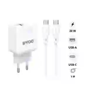 Sạc nhanh BWOO 2 cổng (USB-A + 2 USB-C) kèm cáp Type-C to Type-C 20W EU CDA157C-C