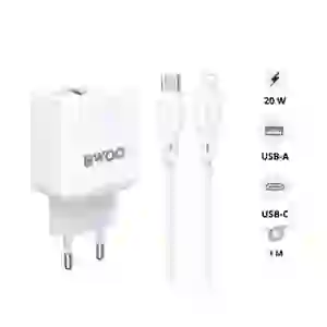 Sạc nhanh BWOO 2 cổng (USB-A + 2 USB-C) kèm cáp Type-C to Lightning 20W EU CDA157C-L