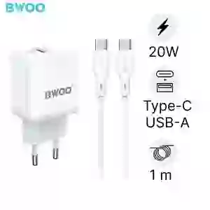 Sạc nhanh BWOO 2 cổng (USB-A + 2 USB-C) kèm cáp Type-C to Type-C 20W EU CDA157C-C