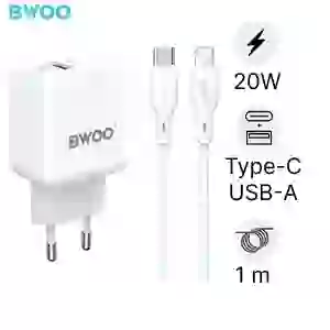 Sạc nhanh BWOO 2 cổng (USB-A + 2 USB-C) kèm cáp Type-C to Lightning 20W EU CDA157C-L