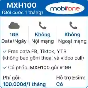Sim 4G Mobifone MXH100 1GB/Ngày Free Tiktok,YTB,FB - 1 tháng (thành phẩm)