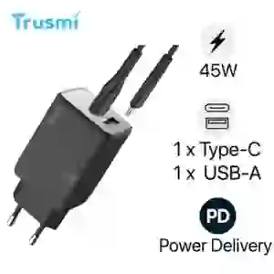 Sạc nhanh Mini Trusmi PD 45w Gan 1A1C kèm cáp Type-C to Type-C 60w (EU) CH06