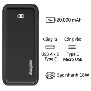 Pin Sạc Dự Phòng Energizer 20.000 MAH Tích Hợp Sạc PD 18W UE20011PQ Đen