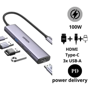 Hub Ugreen USB-C to 2 x USB-A 2.0 + USB-A 3.0 + HDMI + PD hỗ trợ 4K (15495)