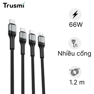 Cáp Trusmi 3 in 1 Usb-C to Usb-C, Lightning, Micro 66w dài 1.2m
