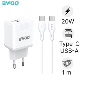 Sạc nhanh BWOO 2 cổng (USB-A + USB-C) kèm cáp Type-C to Type-C 20W EU CDA157C-C