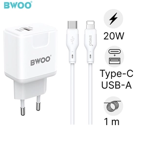 Sạc nhanh BWOO 2 cổng (USB-A + USB-C) kèm cáp Type-C to Lightning 20W EU CDA157C-L