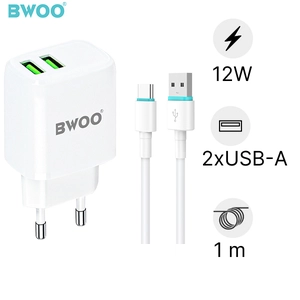 Sạc BWOO 2 cổng USB-A kèm cáp Type-C EU CDA60C