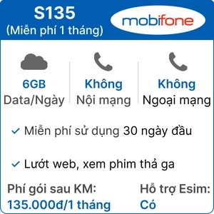 Sim 4G Mobifone S135 6GB/ngày - 1 tháng (Thành phẩm)