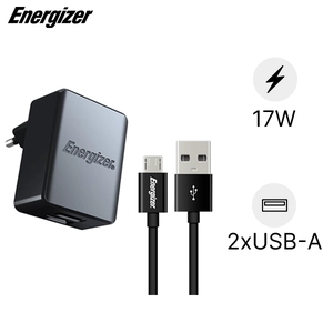 Combo sạc 2 cổng 17W Energizer kèm cáp Micro-USB