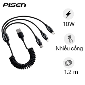 Cáp sạc PISEN lò xo 3in1 (Lightning/Type-C/ Micro) 1.2M