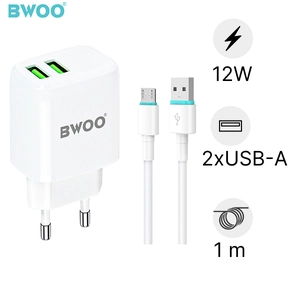 Sạc BWOO 2 cổng USB-A kèm cáp Micro EU CDA60V