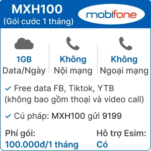 Sim 4G Mobifone MXH100 1GB/Ngày Free Tiktok,YTB,FB - 1 tháng (thành phẩm)