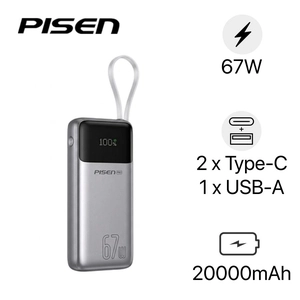 Pin dự phòng Pisen Bolt 67W 20.000mAh tích hợp cáp Type-C