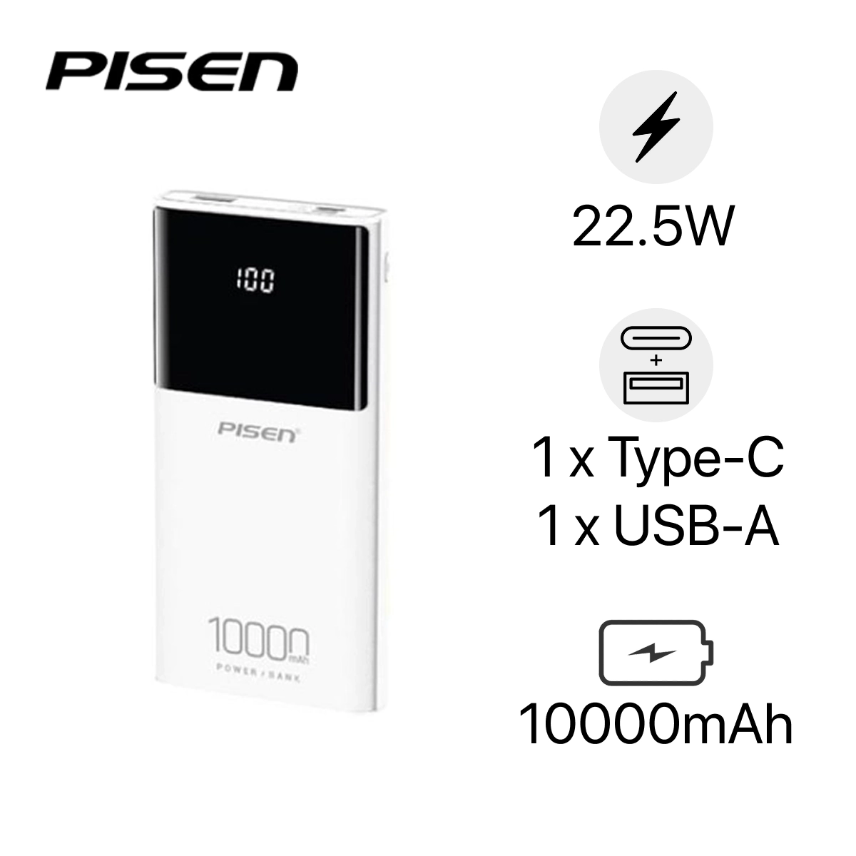 Pin dự phòng Pisen Mr White Digital 10.000mah chính hãng | Lấy liền