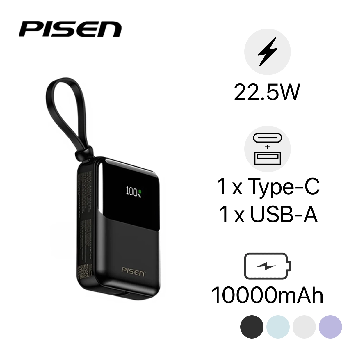 Pin dự phòng Pisen Quick Power Link Sunny 10.000 Mah 22.5W D096 (Type-C & Lightning) chính hãng