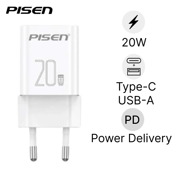 Củ sạc kèm cáp Type-C - Lightning Pisen Quick - Vivid 20W 1C1A Gan EU CL 1200 chính hãng | Lấy liền