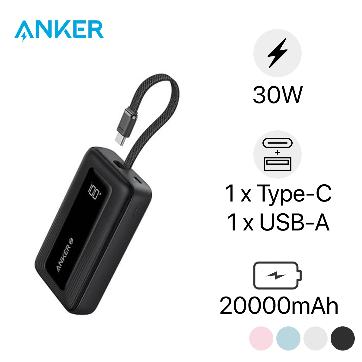 Pin dự phòng Anker Zolo 20.000mAh 30w 1A1C tích hợp cáp Type-C 1689 chính hãng | Lấy liền