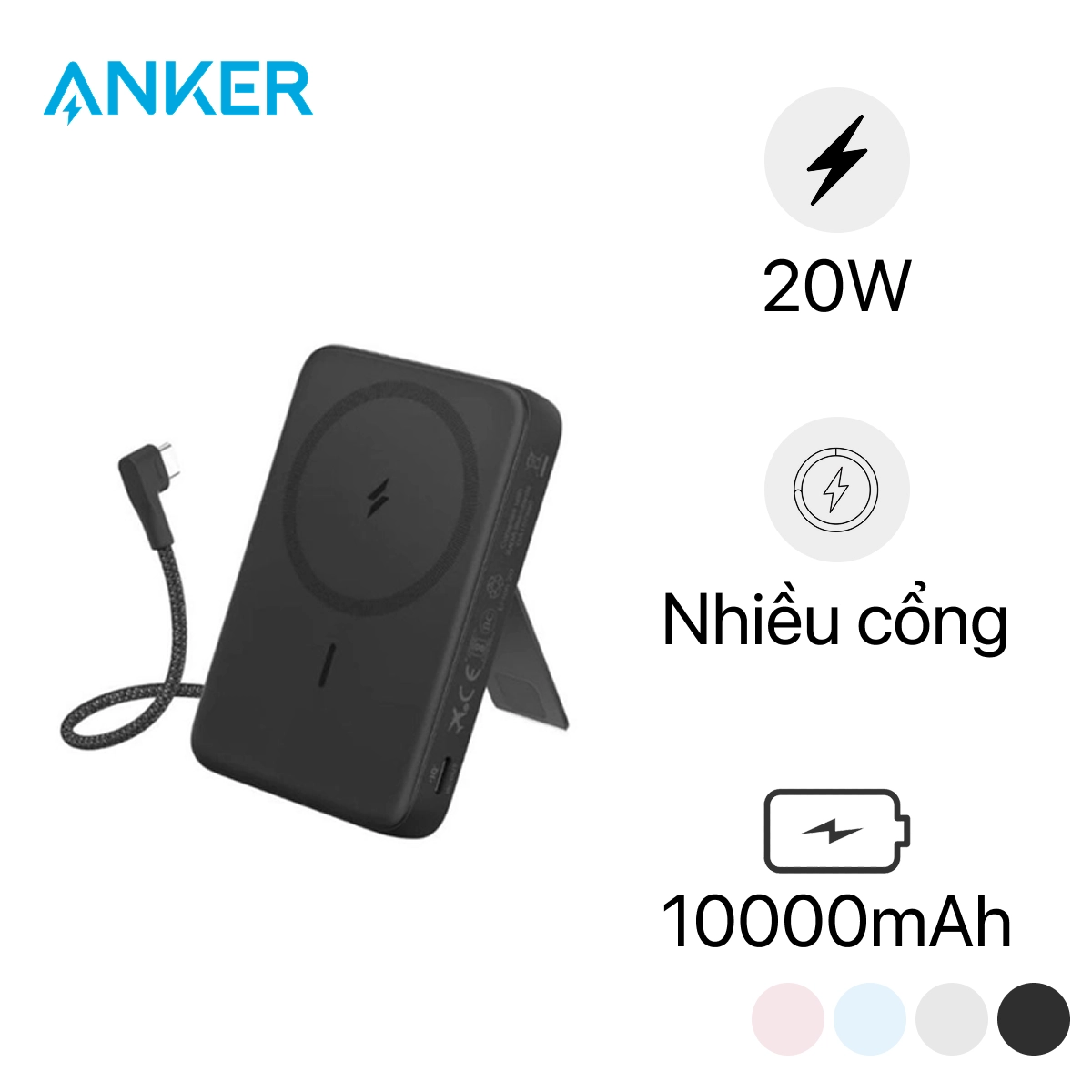 Pin sạc dự phòng Magnetic Anker Zolo 1C 10000mAh 15W tích hợp cáp Type-C A1685 chính hãng | Lấy liền