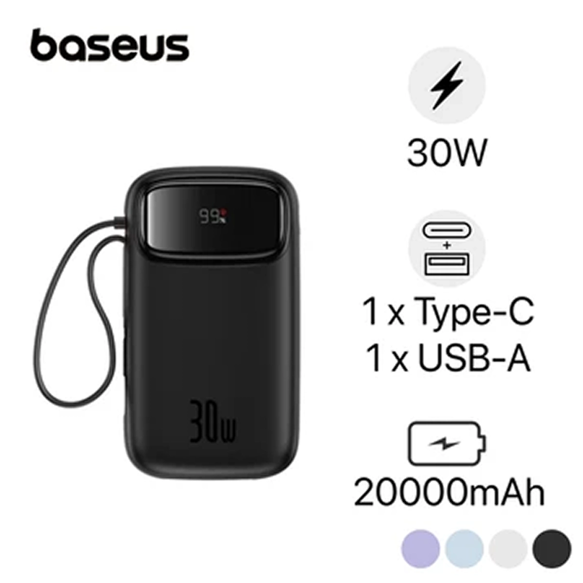 Pin sạc dự phòng Baseus Qpow2 màn hình số 20.000mAh 30W kèm 2 cáp type C chính hãng | Lấy liền