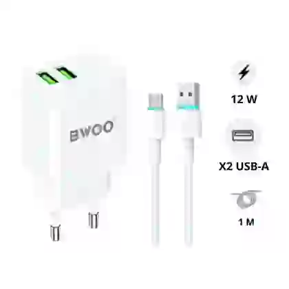 Sạc BWOO 2 cổng USB-A kèm cáp Type-C US CDA64VC 1