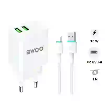 Sạc BWOO 2 cổng USB-A kèm cáp Type-C US CDA64VC 1