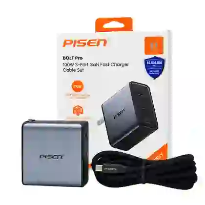 Sạc Pisen Bolt Pro 100W 2C1A Gan Fast kèm cáp Type-C to Type-C 1