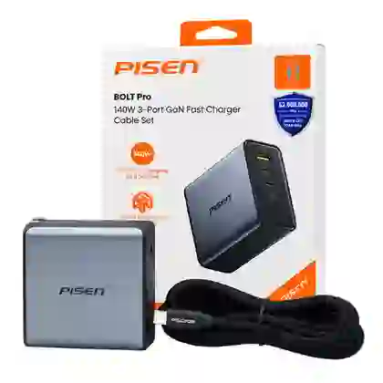 Sạc Pisen Bolt Pro 140W 2C1A Gan Fast kèm cáp Type-C to Type-C 1