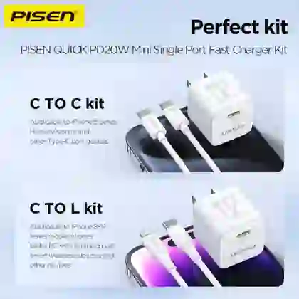 Sạc Pisen Quick PD 20W Pudding kèm cáp Lightning 2m 3