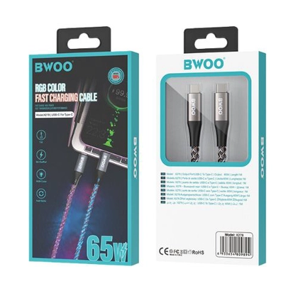 Cáp sạc nhanh BWOO Type-C to Type-C 65W đèn led X278 dài 2M 3