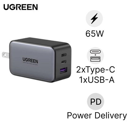 Củ sạc nhanh Ugreen GaN Nexode 3 cổng ( EU 2C 1A ) 65W CD244 1