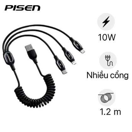Cáp sạc PISEN lò xo 3in1 (Lightning/Type-C/ Micro) 1.2M 1