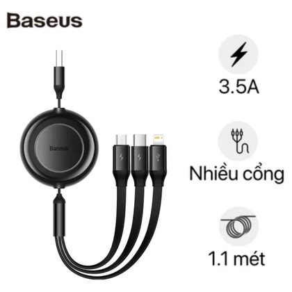 Cáp Baseus Bright Mirror 2 Series Retractable 3 in 1 USB to M+L+C 3.5A dài 1.1m 1