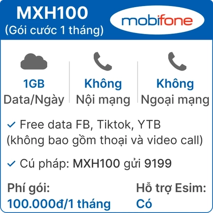 Sim 4G Mobifone MXH100 1GB/Ngày Free Tiktok,YTB,FB - 1 tháng (thành phẩm) 1